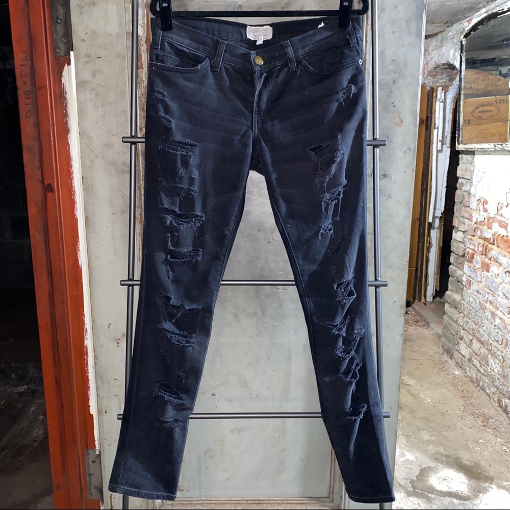 Current/Elliott Skinny Shredded Night Black Jeans